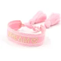 Pink woven friendship bracelet with golden DREAM embroidery and fringe tassels - Light Pink DREAM