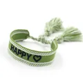 Macro detail of green woven friendship bracelet with black HAPPY embroidery and tassels - Green HAPPY