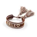 Bohemian braided wristband in dark brown with embroidered SMILE text and tassels - Coffee SMILE