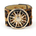 Leopard print faux pony hair wide leather bracelet with sparkling sunburst crystal emblem - Leopard Print