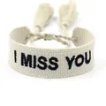 Beige woven friendship bracelet with black I MISS YOU embroidery and tassel closure - I MISS YOU