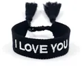 Adjustable black woven bracelet with white I LOVE YOU embroidery and fringe details - ILOVEYOU