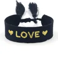 Ethnic style black woven friendship bracelet with golden LOVE embroidery and tassels - LOVE Black Base Gold Letters