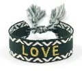 Ethnic woven bracelet with LOVE gold embroidery, green tassel, and bohemian style - LOVE Gold Letters / Dark Green