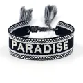 Detail van PARADISE borduursel op zwart-wit geweven armband met kwastjes - Zwart en Wit PARADISE Stijl