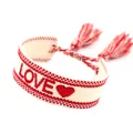 Woven friendship bracelet with red LOVE embroidery and tassel detail on cream strap - Beige Base Red Word LOVE