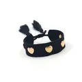 Detail of woven bracelet with golden heart studs and adjustable black tassel drawstrings - Gold Heart Rivets / Black (H001)