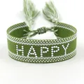 Bohemian grass green woven bracelet with HAPPY text and handmade tassels - Silver Happy Style