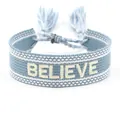 Blue woven friendship bracelet with white BELIEVE embroidery and adjustable tassels - Light Blue BELIEVE
