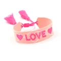 Pink woven friendship bracelet with LOVE embroidery and decorative tassels - LOVE-10
