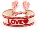 Custom embroidered woven bracelet in cream and red with LOVE motif and tassels - L016 LOVE / Rice White Red Edge