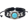 Bohemian multi-layer black leather bracelet with turquoise stone and silver beads - Relief Decor Frame Style (HM2106-15) / Style 16 Green Turquoise