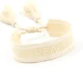 Bohemian cream woven bracelet with PEACE embroidery and handmade tassels decoration - PEACE Letters / Off White