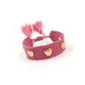 Detail of pink woven bracelet featuring golden heart studs and adjustable tassel cord - Gold Heart Rivets / Pink (H003)