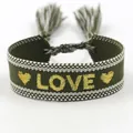 Olive green bohemian woven bracelet featuring gold LOVE embroidery and elegant tassels - L007 LOVE / Olive Green