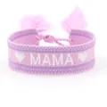 Detailed embroidery of MAMA lettering and hearts on pink bohemian woven friendship bracelet - MAMA-3