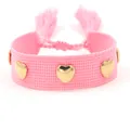 Handmade woven heart bracelet in light pink with golden metal heart-shaped charms - Gold Heart Rivets / Light Pink (H009)