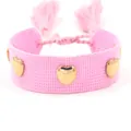 Pink woven bracelet featuring three golden heart studs and adjustable tassel cord design - Gold Heart Rivets / Rose Red (H007)