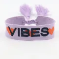 Light purple woven friendship bracelet with VIBES embroidery and orange heart icons - VIBES Letters / Purple