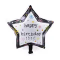 Star-shaped black foil balloon with white center and colorful happy birthday design - Black and White Star Confetti Style (18 Inch E)