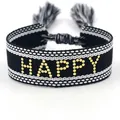 Handgeweven zwart-wit armbandje met gouden HAPPY-letters en stijlvolle kwastjes - Zwart Wit Goud HAPPY (T029)