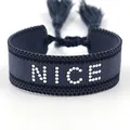 Adjustable navy blue woven bracelet with white dot NICE lettering and long tassels - Silver NICE Style 2