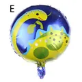 Close-up of circular T-Rex foil balloon with cartoon dinosaur print and blue background - Yellow Cartoon Dinosaur