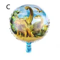 Close-up of 18 inch round foil balloon featuring colorful dinosaur jungle print - Jungle Dinosaur World