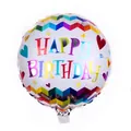 Detail of round foil birthday balloon with colorful Happy Birthday text and hearts - Rainbow Gradient Zigzag Style (18 Inch D)