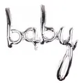 Close-up of a silver script BABY foil balloon for infant birthday party decorations - Baby / Silver