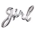 Detailed close-up of a silver script girl cursive foil balloon for party decoration - GIRL / Silver