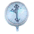 Ballon rond en aluminium bleu et blanc avec croix ornée pour baptême et Pâques - Croix Ronde Bleue