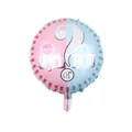 Gender reveal ballon van roze en blauwe folie met een wit vraagteken voor feesten - Ronde Gender Reveal Stijl / Roze en Blauw Patchwork