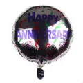 Palloncino tondo argento da 18 pollici Happy Anniversary con motivi di coriandoli - Base Argento Testo Viola Nastri / Argento