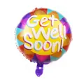 Round Get Well Soon mylar balloon with colorful starburst pattern for party decor - Recovery Core Style