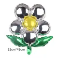 Detailed view of sunflower foil balloon with green leaves, size 52cm by 45cm - Silver