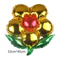 Detail showing a 52x45cm flower foil balloon with red, gold petals and green leaves - Gold