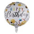 18-inch round Happy Birthday foil balloon with colorful fireworks and gold dots - White Polka Dot Style