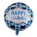 Detail of 18 inch round Happy Birthday foil balloon with blue geometric patterns - Blue Grid Style