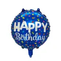Blue 18-inch round foil balloon featuring white Happy Birthday text and confetti - Blue Polka Dots