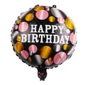 Round black Happy Birthday foil balloon with gold and pink dots for party decor - Black Polka Dots