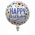 White 18-inch round foil balloon featuring blue Happy Birthday text and colorful stars - Star Style