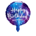 18-inch round galaxy theme foil balloon with silver Happy Birthday lettering for parties - Galaxy Birthday