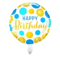 18 inch round Happy Birthday foil balloon with gold and blue dots on white background - Blue Polka Dots Birthday