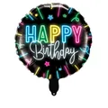 18-inch round black Happy Birthday foil balloon featuring colorful neon light style design - Fluorescent Birthday