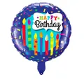 Blue 18-inch round foil balloon with Happy Birthday message and colorful candles - Colorful Candle Birthday