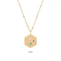 Collier en acier doré avec pendentif hexagonal orné de quatre cristaux colorés - Hexagone Doré