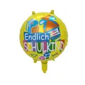 Yellow round foil balloon with 'Endlich Schulkind' text and school supply illustrations - Round Yellow German Design C