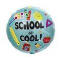 Blue foil balloon with School is Cool print and cartoon stationery for school decor - Round Blue Design E