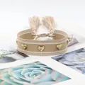 Handwoven beige wide bracelet with golden heart rivets and boho tassel drawstring closure - Gold Heart Rivets / Beige (H-G-019)